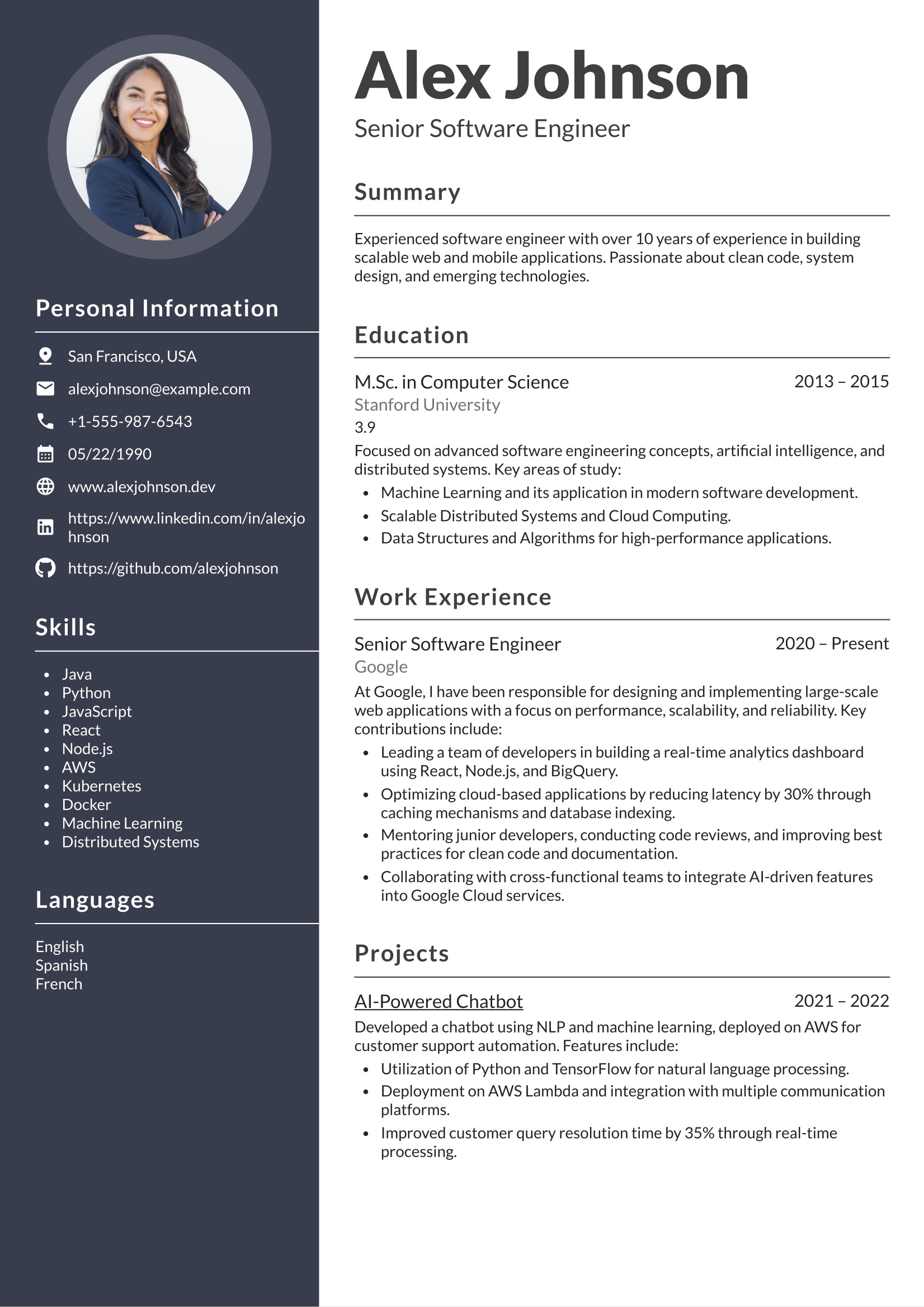 Professional two-column CV template with sidebar