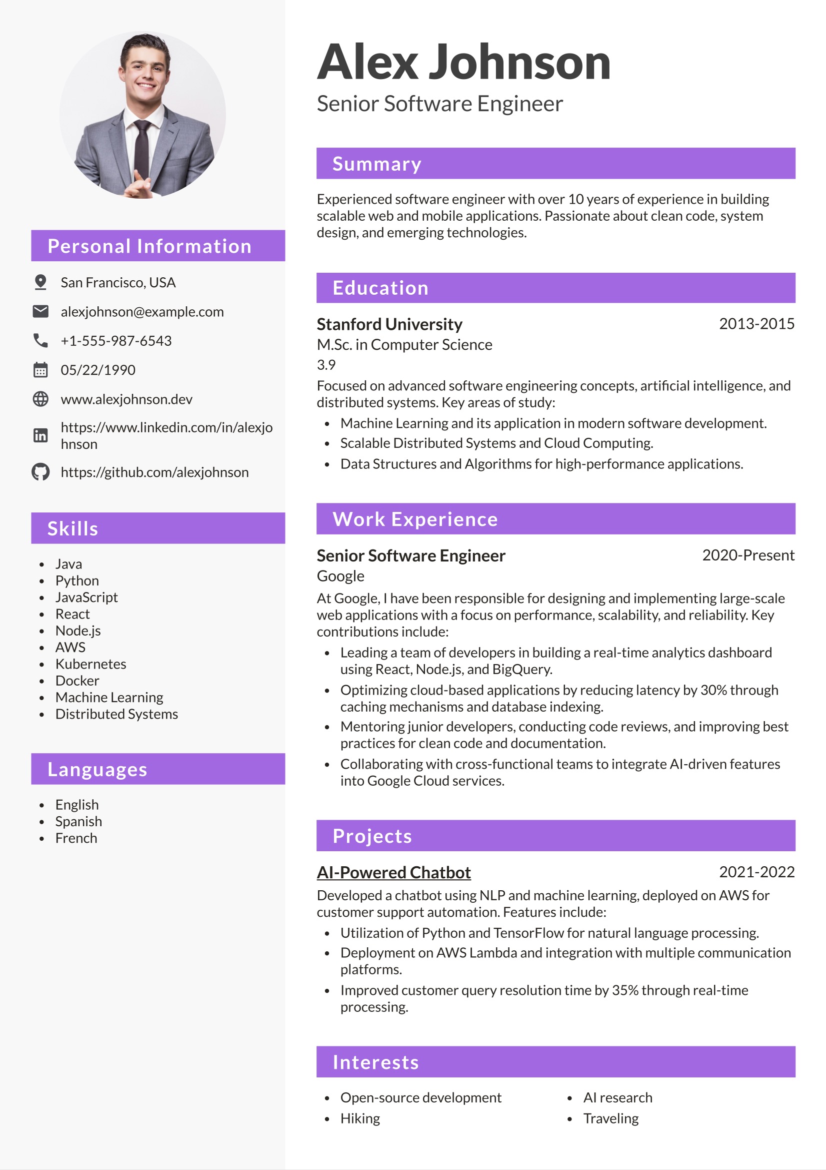 Creative CV template with purple color scheme