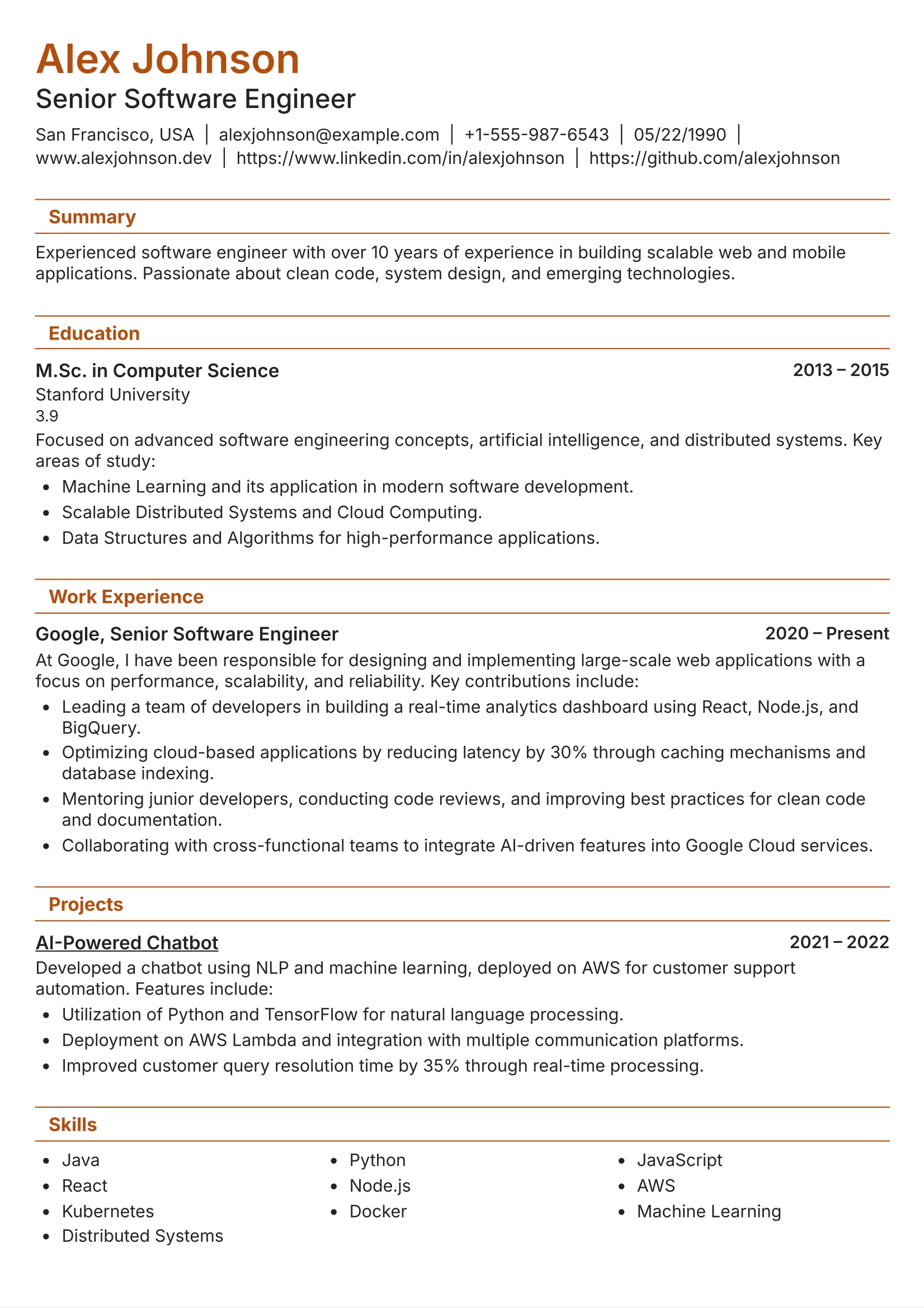 Clean resume template with orange accents