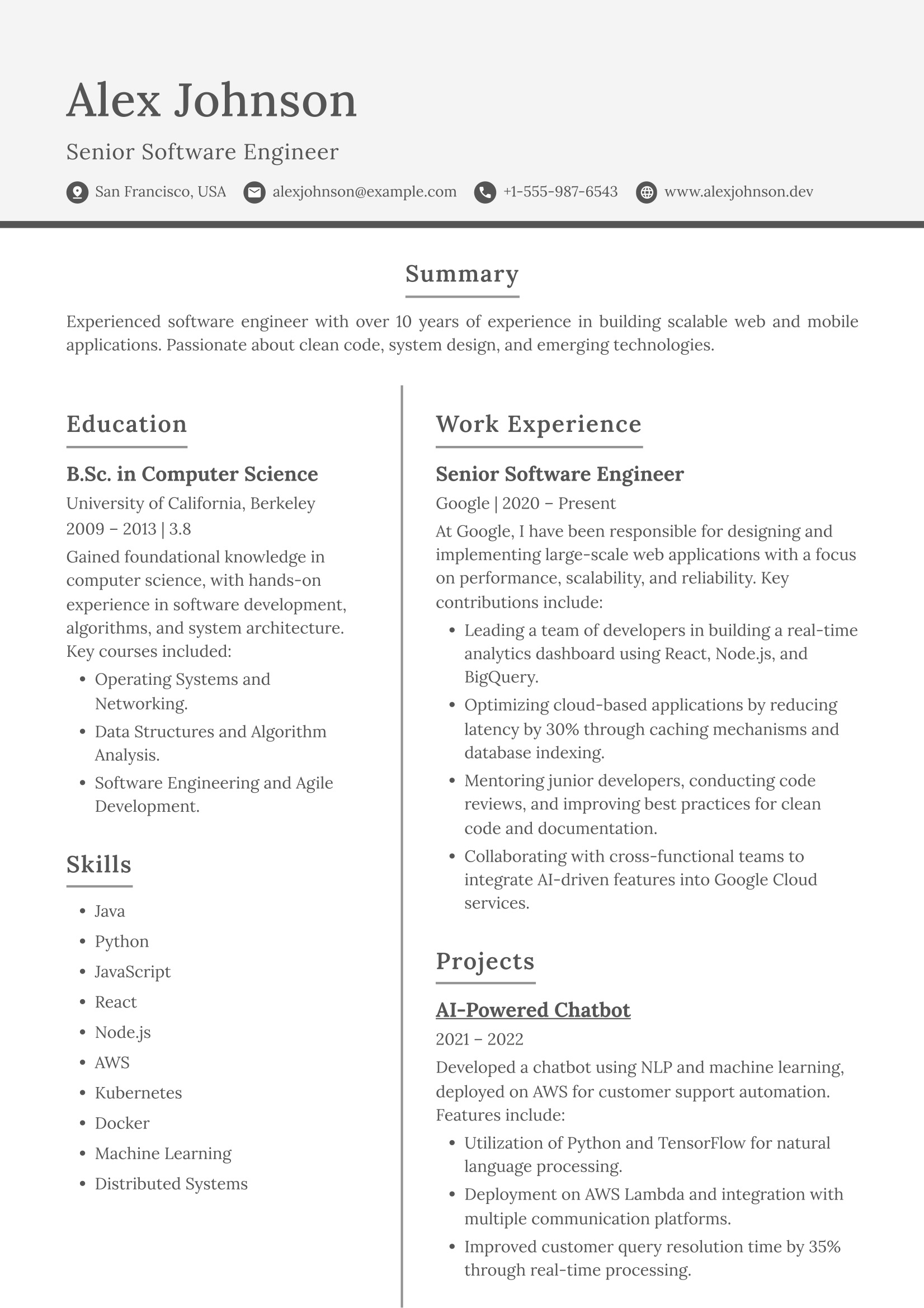 Elegant CV template with centered header