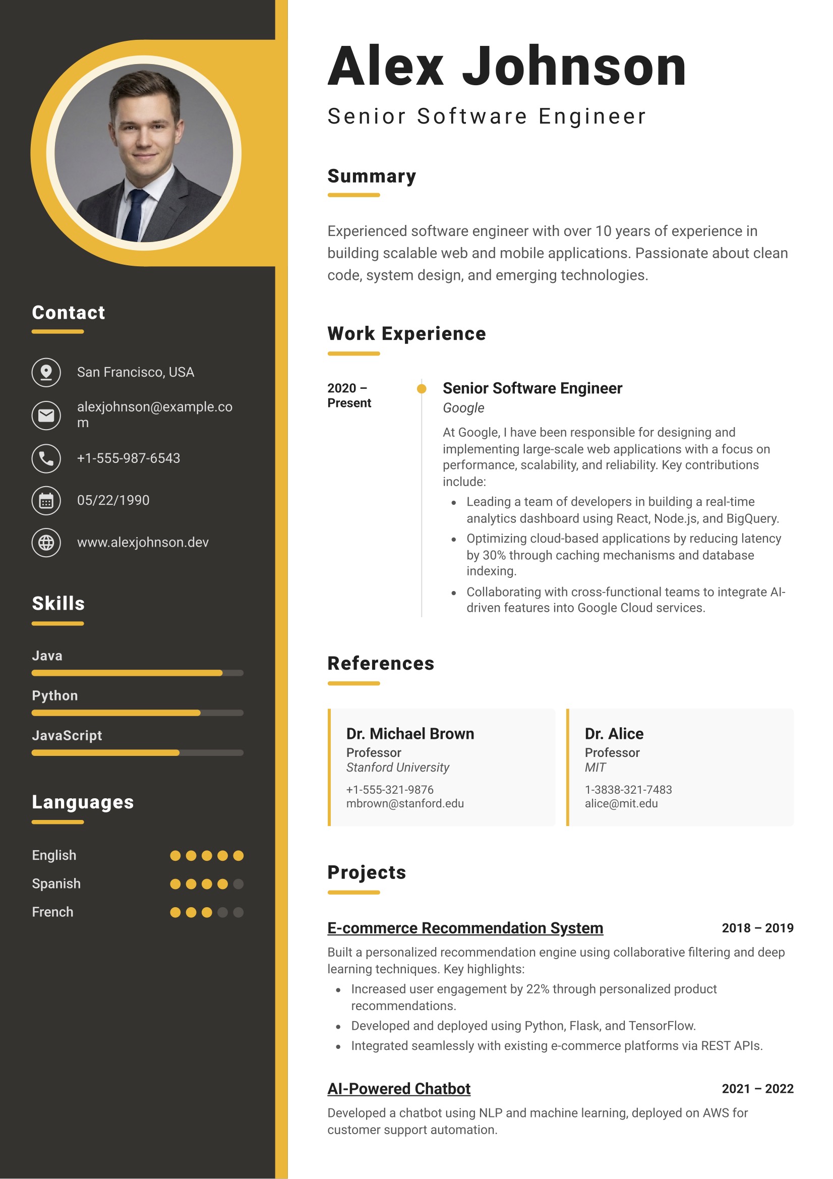 Executive resume template with bold sidebar