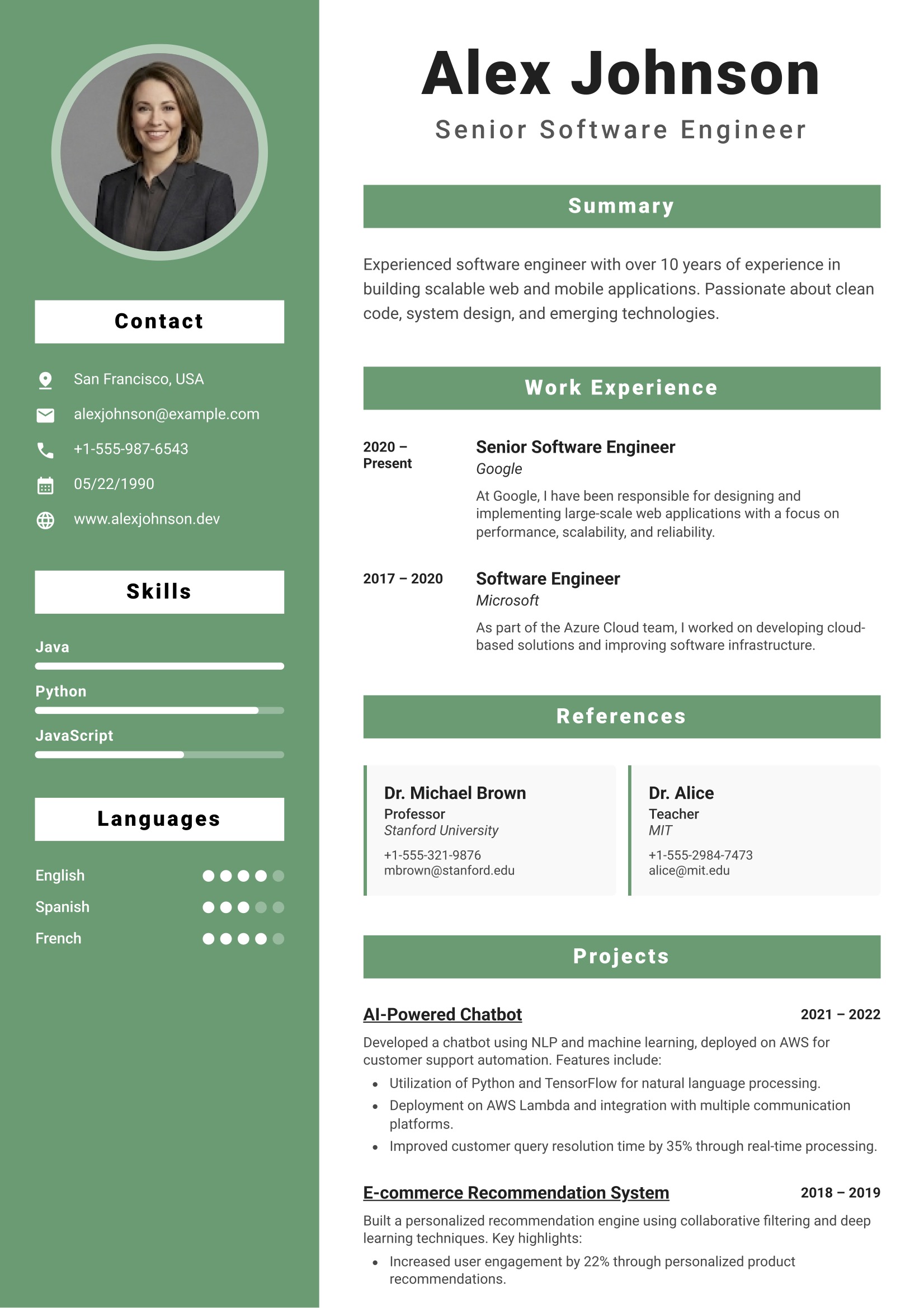 Bold resume template with green sidebar and skill bars